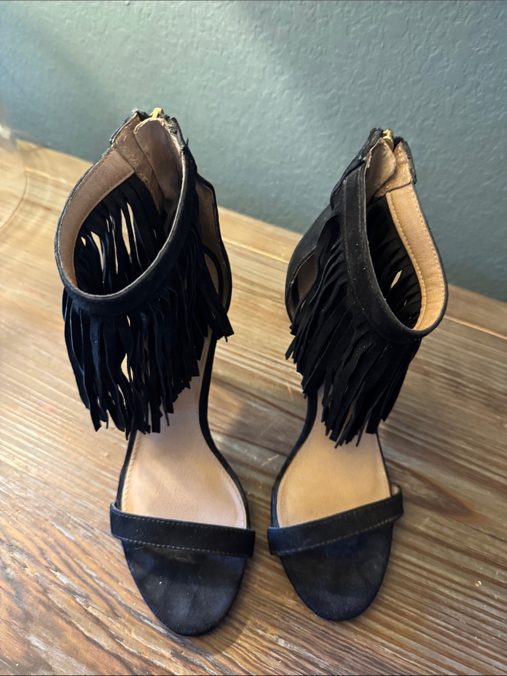 Steve Madden Black Fringe Ankle Strap Heels